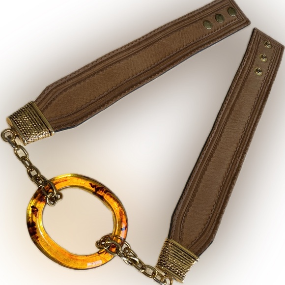LEATHEROCK INC. Leather belt, brass trim, big faux amber oval, snaps. M adj. EUC - Picture 9 of 17